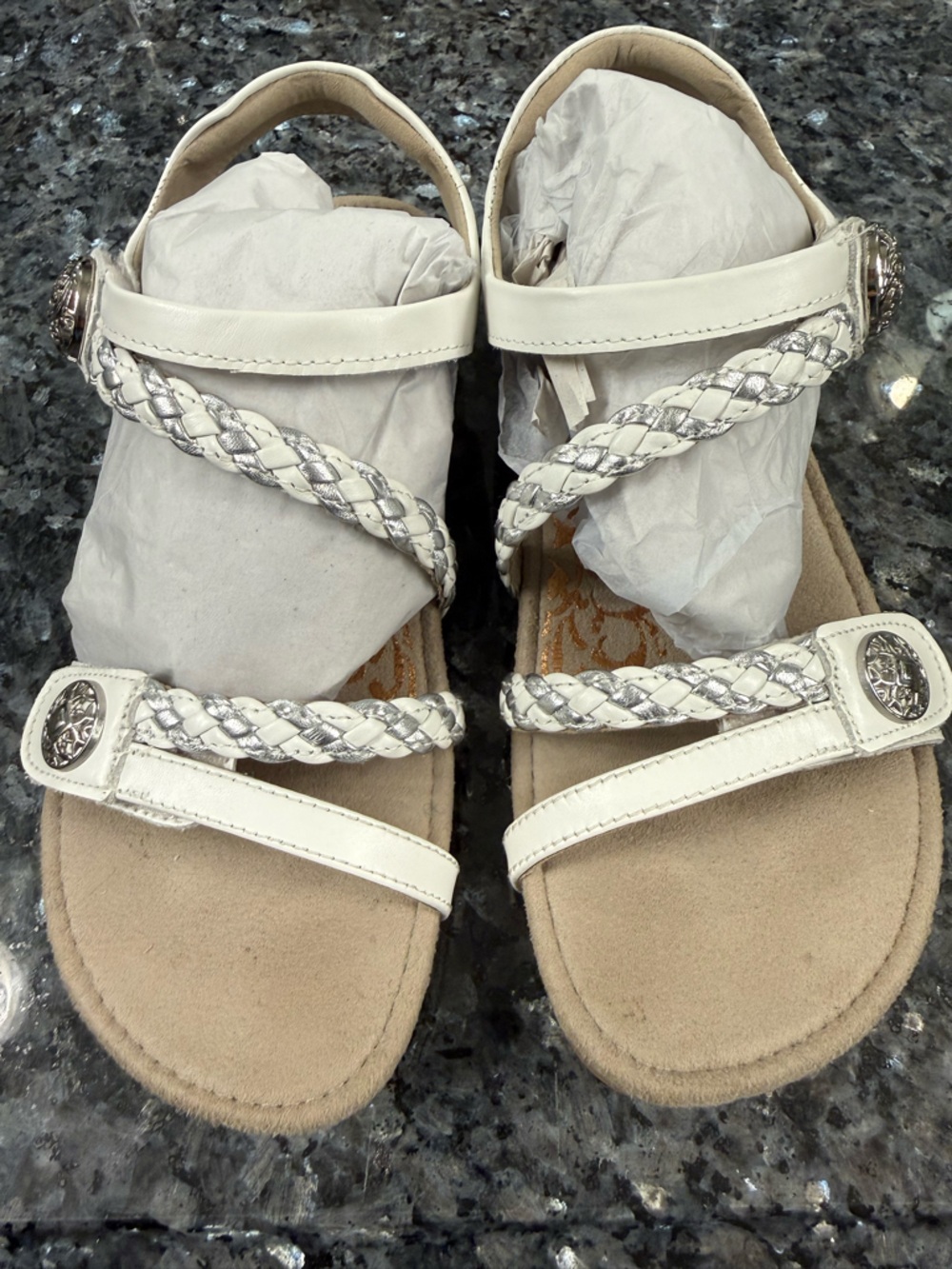 Aetrex White and Silver Braided Strap Sandals